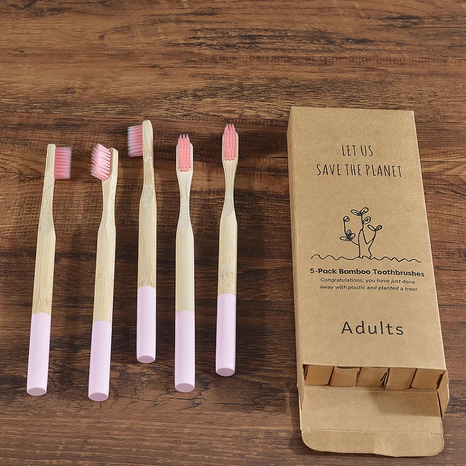 5Pack Adult Bamboo Toothbrush Medium Bristles Eco Friendly