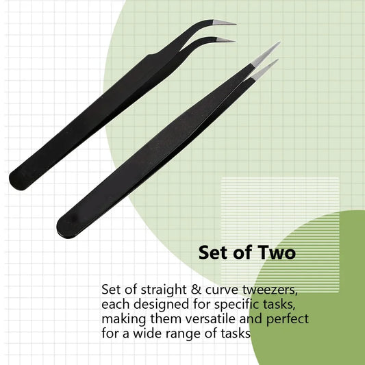 2Pcs Stainless Steel Curved Straight Black Tweezer Set, Nail Art