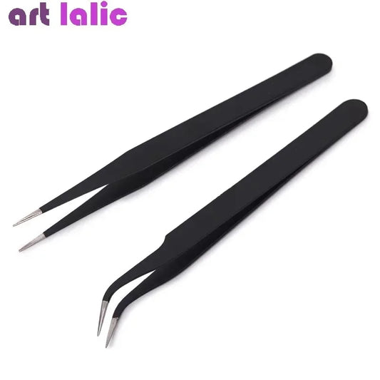 2Pcs Stainless Steel Curved Straight Black Tweezer Set, Nail Art
