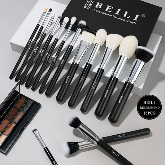 BEILI 15Pcs Rose Gold Makeup Brushes Pink Natural Goat Hair